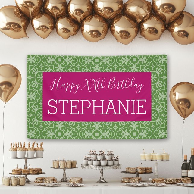 Glücklich zum Geburtstag - Rosa Grün Gemustert Banner (Custom Birthday Banner)