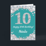 Glückliche 10. Geburtstagskarte Aquamarin und Silv Karte<br><div class="desc">Glücklich 10. Geburtstag Aquamarin Türkis Aqua und Silver Glitzer Card mit personalisiertem Namen. Für weitere Anpassungen klicken Sie bitte auf die Schaltfläche "Anpassen" und verwenden Sie unser Designwerkzeug,  um diese Vorlage zu ändern.</div>