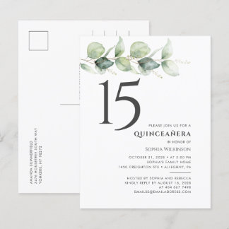 Glückliche 15. Geburtstag Quinceanera Eukalyptus-B Einladungspostkarte