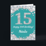 Glückliche 15. Geburtstagskarte Aquamarin und Silb Karte<br><div class="desc">Glücklich 15. Geburtstag Aquamarin Türkis Aqua und Silver Glitzer Card mit personalisiertem Namen. Für weitere Anpassungen klicken Sie bitte auf die Schaltfläche "Anpassen" und verwenden Sie unser Designwerkzeug,  um diese Vorlage zu ändern.</div>