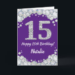 Glückliche 15. Geburtstagskarte Lila und Silberkar Karte<br><div class="desc">Happy 15. Geburtstag Lila und Silver Glitzer Card mit personalisiertem Namen. Für weitere Anpassungen klicken Sie bitte auf die Schaltfläche "Anpassen" und verwenden Sie unser Designwerkzeug,  um diese Vorlage zu ändern.</div>