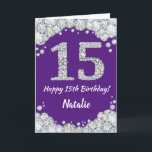 Glückliche 15. Geburtstagskarte Lila und Silberkar Karte<br><div class="desc">Happy 15. Geburtstag Lila und Silver Glitzer Card mit personalisiertem Namen. Für weitere Anpassungen klicken Sie bitte auf die Schaltfläche "Anpassen" und verwenden Sie unser Designwerkzeug,  um diese Vorlage zu ändern.</div>