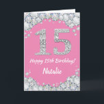 Glückliche 15. Geburtstagskarte Pink und Silver Gl Karte<br><div class="desc">Happy 15. Geburtstag Pink und Silver Glitzer Card mit personalisiertem Namen. Für weitere Anpassungen klicken Sie bitte auf die Schaltfläche "Anpassen" und verwenden Sie unser Designwerkzeug,  um diese Vorlage zu ändern.</div>