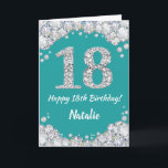 Glückliche 18. Geburtstagskarte Aquamarin und Silb Karte<br><div class="desc">Glücklich 18. Geburtstag Aquamarin Türkis Aqua und Silver Glitzer Card mit personalisiertem Namen. Für weitere Anpassungen klicken Sie bitte auf die Schaltfläche "Anpassen" und verwenden Sie unser Designwerkzeug,  um diese Vorlage zu ändern.</div>
