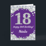 Glückliche 18. Geburtstagskarte Lila und Silberkar Karte<br><div class="desc">Glückliche 18. Geburtstag Lila und Silver Glitzer Card mit personalisiertem Namen. Für weitere Anpassungen klicken Sie bitte auf die Schaltfläche "Anpassen" und verwenden Sie unser Designwerkzeug,  um diese Vorlage zu ändern.</div>
