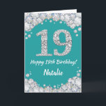 Glückliche 19. Geburtstagskarte Aquamarin und Silb Karte<br><div class="desc">Glücklich 19. Geburtstag Aquamarin Türkis Aqua und Silver Glitzer Card mit personalisiertem Namen. Für weitere Anpassungen klicken Sie bitte auf die Schaltfläche "Anpassen" und verwenden Sie unser Designwerkzeug,  um diese Vorlage zu ändern.</div>