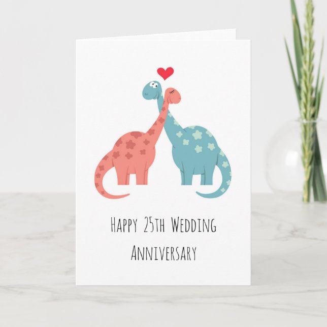 Glückliche 25. Hochzeitstag Niedliche Dinosaurier Karte (Vorderseite)