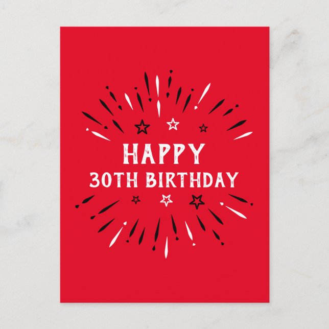 Glückliche 30. Geburtstag Feuerwerke Rot Schwarz-w Postkarte (Vorderseite)