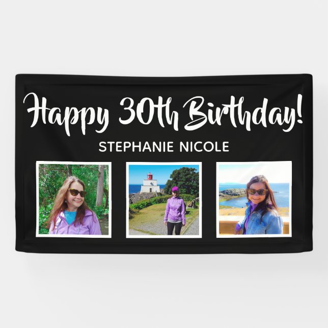 Glückliche 30. Geburtstag Schwarze Personalisierte Banner (Horizontal)