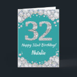 Glückliche 32. Geburtstagskarte Aquamarin und Silv Karte<br><div class="desc">Glücklich 32. Geburtstag Aquamarin Türkis Aqua und Silver Glitzer Card mit personalisiertem Namen. Für weitere Anpassungen klicken Sie bitte auf die Schaltfläche "Anpassen" und verwenden Sie unser Designwerkzeug,  um diese Vorlage zu ändern.</div>