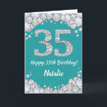 Glückliche 35. Geburtstagskarte Aquamarin und Silb Karte<br><div class="desc">Glücklich 35. Geburtstag Aquamarin Türkis Aqua und Silver Glitzer Card mit personalisiertem Namen. Für weitere Anpassungen klicken Sie bitte auf die Schaltfläche "Anpassen" und verwenden Sie unser Designwerkzeug,  um diese Vorlage zu ändern.</div>