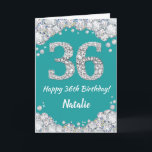Glückliche 36. Geburtstagskarte Aquamarin und Silb Karte<br><div class="desc">Glücklich 36. Geburtstag Aquamarin Türkis Aqua und Silver Glitzer Card mit personalisiertem Namen. Für weitere Anpassungen klicken Sie bitte auf die Schaltfläche "Anpassen" und verwenden Sie unser Designwerkzeug,  um diese Vorlage zu ändern.</div>