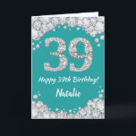 Glückliche 39. Geburtstagskarte Aquamarin und Silb Karte<br><div class="desc">Glücklich 39. Geburtstag Aquamarin Türkis Aqua und Silver Glitzer Card mit personalisiertem Namen. Für weitere Anpassungen klicken Sie bitte auf die Schaltfläche "Anpassen" und verwenden Sie unser Designwerkzeug,  um diese Vorlage zu ändern.</div>