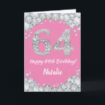 Glückliche 64. Geburtstagskarte Pink und Silver Gl Karte<br><div class="desc">Glückliche 64. Geburtstagskarte Pink und Silver Glitzer Card mit personalisiertem Namen. Für weitere Anpassungen klicken Sie bitte auf die Schaltfläche "Anpassen" und verwenden Sie unser Designwerkzeug,  um diese Vorlage zu ändern.</div>