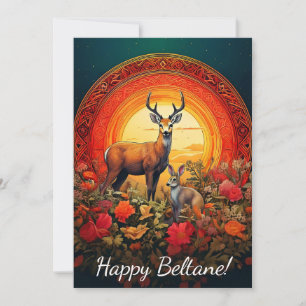 Glückliche Beltane-Hirsch- und Hasenkarte Feiertagskarte