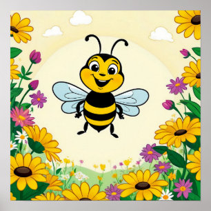 Glückliche Biene in farbenfrohen Blumen Poster