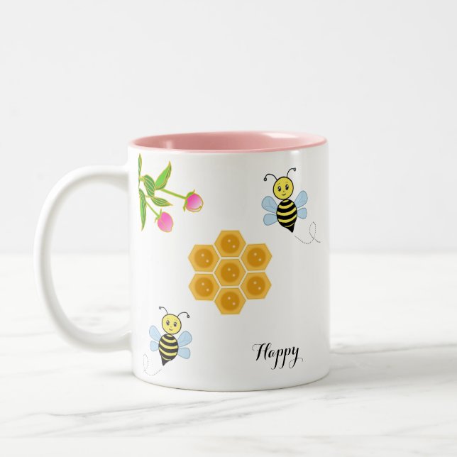 Glückliche Bienen, rosa Blume und Waben Zweifarbige Tasse (Links)