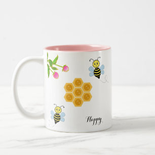 Glückliche Bienen, rosa Blumen und Honigwabe Zweifarbige Tasse