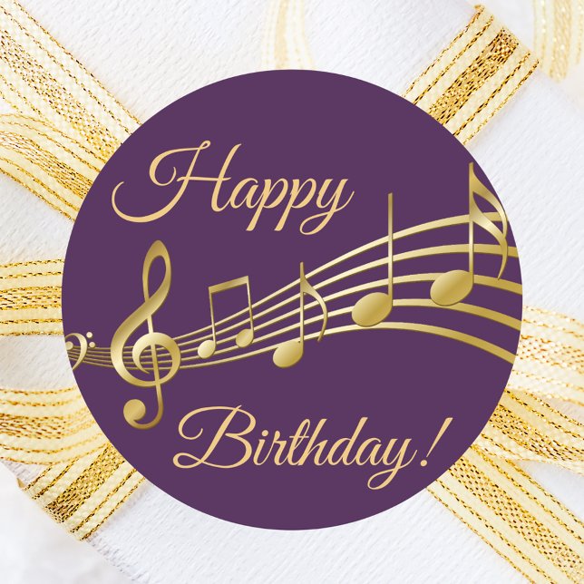 Glückliche Birthday Gold Musiknoten auf eleganten  Runder Aufkleber (Von Creator hochgeladen)