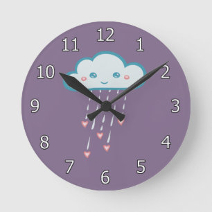 Glückliche blaue Regen-Wolke, die rosa Herzen Runde Wanduhr