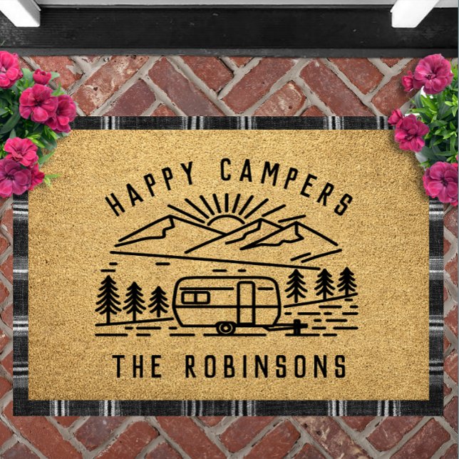 Glückliche Camper Personalisierter Benutzerdefinie Fußmatte (Happy Campers Personalized Doormat | Custom Family Name RV Decor Camping Welcome Mat Campsite)
