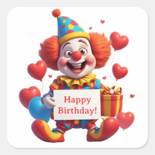 Glückliche Clown-Geburtstagsfeier mit Herzballons Quadratischer Aufkleber