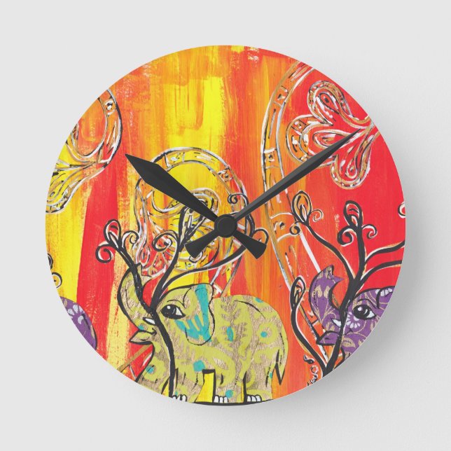 Glückliche Elefant-Parade Runde Wanduhr (Vorderseite)
