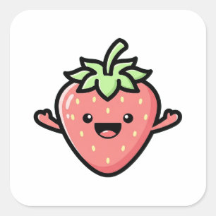 Glückliche Erdbeere – Süße Kawaii-Illustration Quadratischer Aufkleber