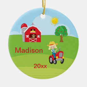 Glückliche Farmmädchen-Scheunen-Traktor-Tiere Keramik Ornament