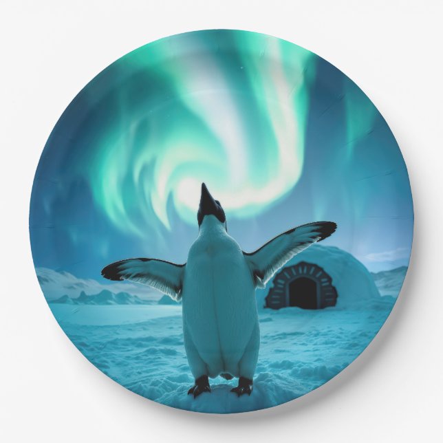 Glückliche Feiertage Pinguin unter Nordlichtern Pappteller (Vorderseite)