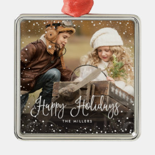 Glückliche Feiertags-Schnee-Foto-Verzierung Silbernes Ornament
