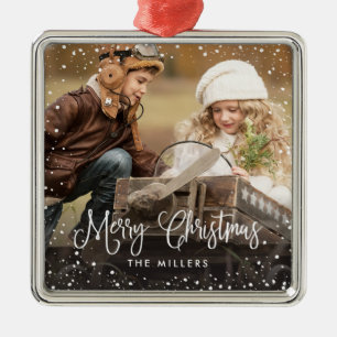 Glückliche Feiertags-Schnee-Foto-Verzierung Silbernes Ornament