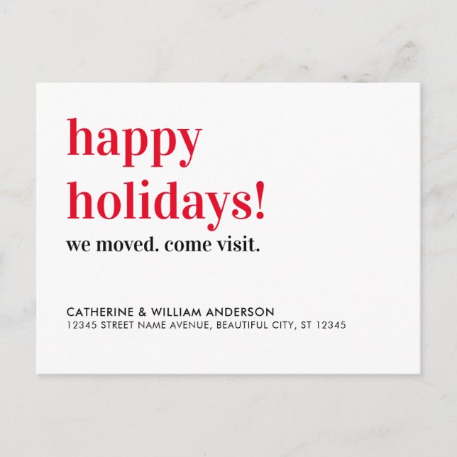 Glückliche Ferien, die wir bewegt haben Kommen Sie Ankündigungspostkarte (Vorderseite)