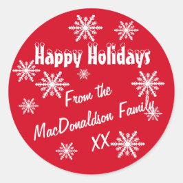 Glückliche Ferien Rot und Schneeflocken Runder Aufkleber