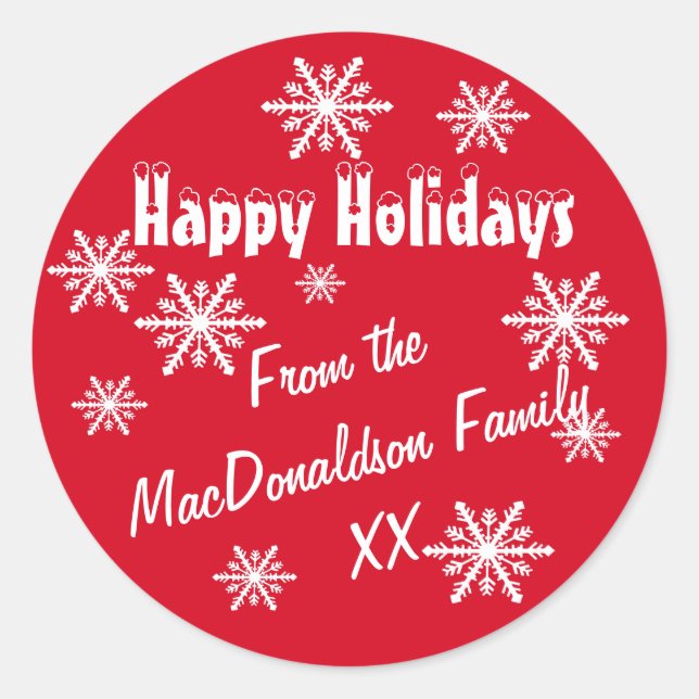 Glückliche Ferien Rot und Schneeflocken Runder Aufkleber (Vorderseite)