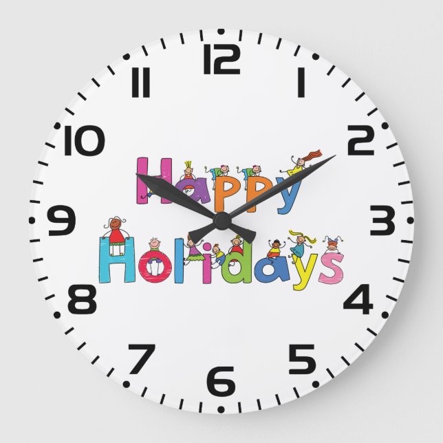 Glückliche Ferien Stäbchenfigur-Typografie Große Wanduhr (Vorderseite)