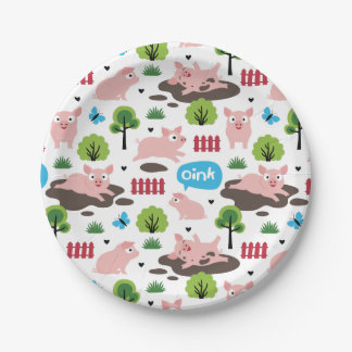 Glückliche Ferkel in der Papiertüte Pappteller