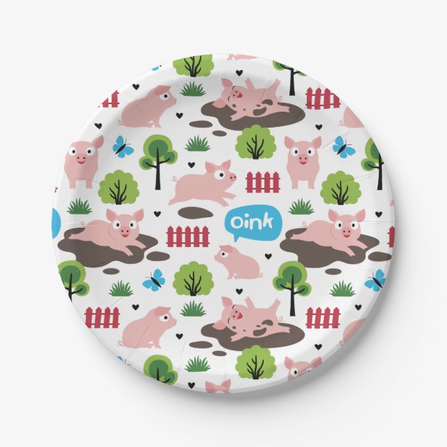 Glückliche Ferkel in der Papiertüte Pappteller (Vorderseite)