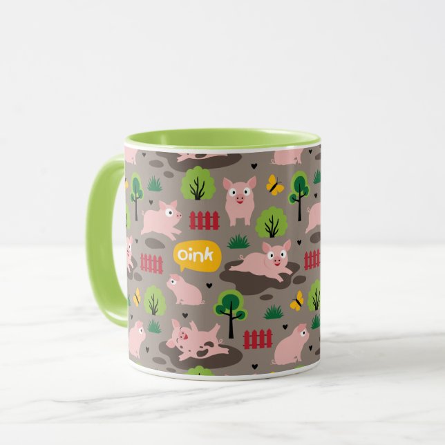 Glückliche Ferkel in der schlammigen Tasse (Vorderseite Links)