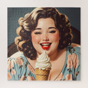 Glückliche Frau beim Eisessen im Vintage-Stil Puzzle