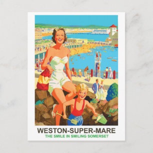 Glückliche Frau im Weston Super Mare Postkarte