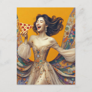 Glückliche Frau Mit Pizza Farbige Einzigartige Postkarte