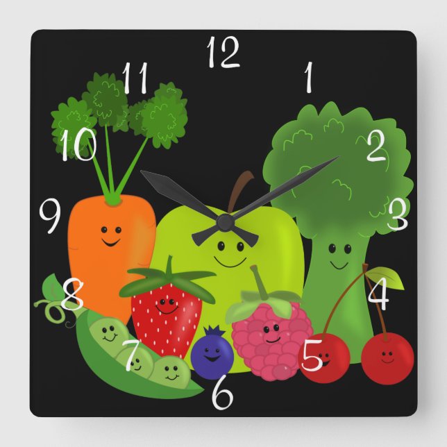 Glückliche Frucht und Veggies-Wanduhr Quadratische Wanduhr (Vorderseite)