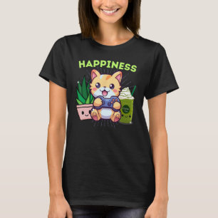 Glückliche Gamer Cat Pflanze Matcha Lattes & Gamin T-Shirt