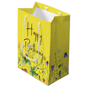 Glückliche Geburtstags-Wildblumen auf Polka Dots Mittlere Geschenktüte