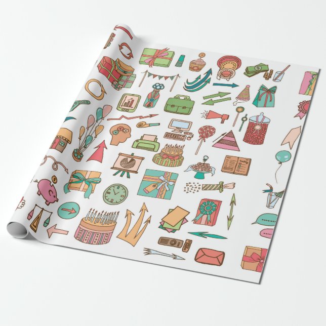 Glückliche Geburtstagsbüroelemente in der Skizze D Geschenkpapier (Ungerollt)