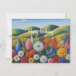 Glückliche Geburtstagsommer-Blume auf den Hügeln Postkarte