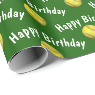 Glückliche GeburtstagsSoftballs auf Grün Geschenkpapier