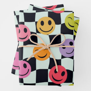 Glückliche Gesichter auf verzerrtem Schwarz-Weiß-S Geschenkpapier Set