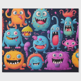 Glückliche Gruppe farbenfroher Monster auf schwarz Geschenkpapier